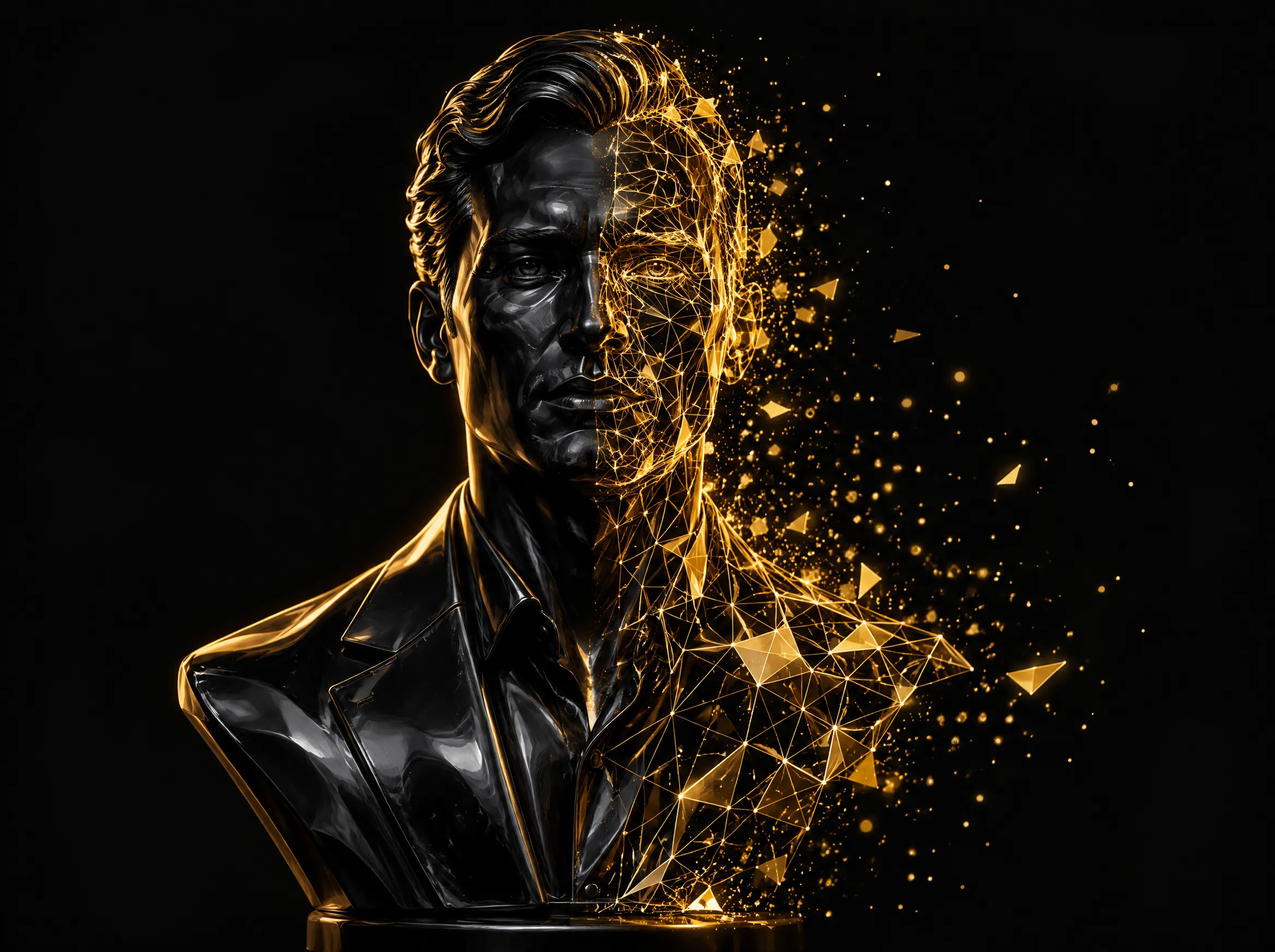 Busto humano que se transforma en una red de nodos dorados